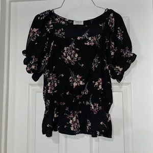 Black Floral Silk Like Blouse. Size: Medium